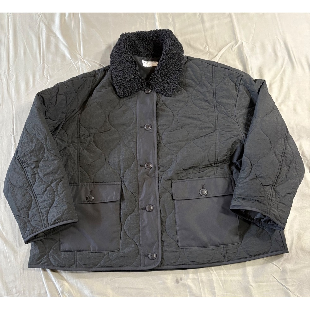 Old Navy Black Quilted Barn Jacket Womens XXL Faux Shearling Collar Pockets